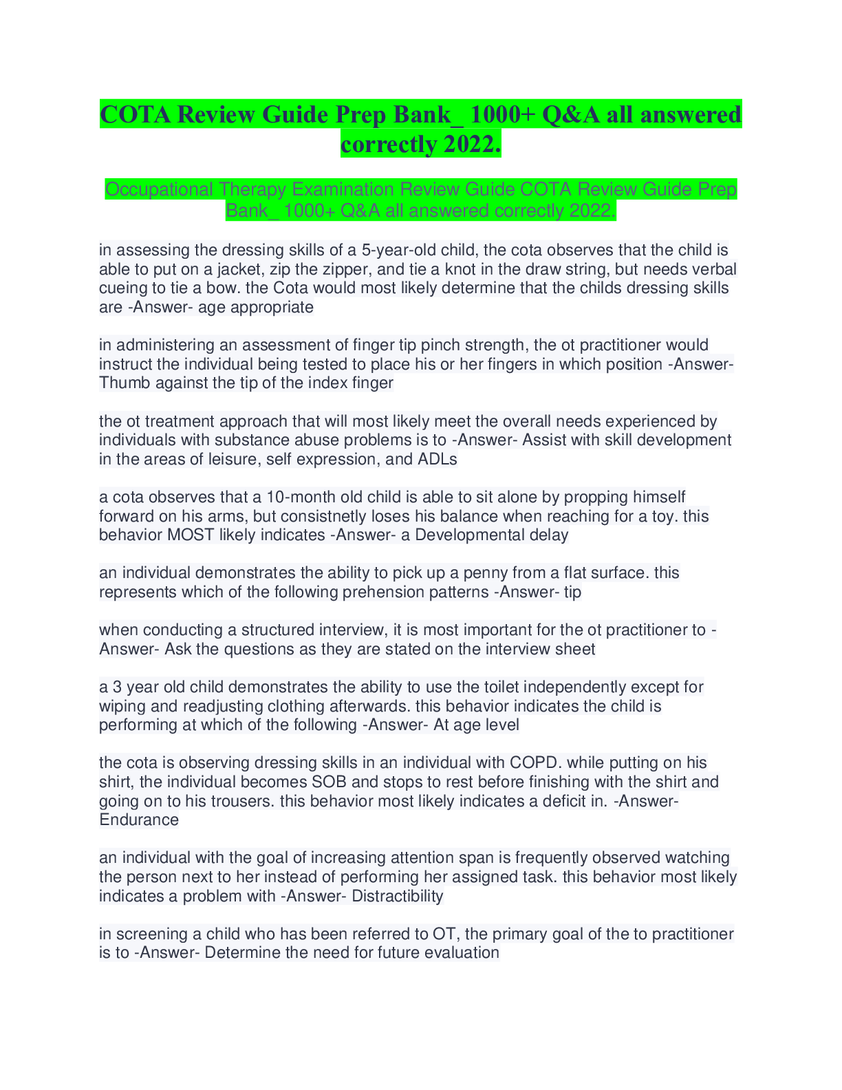 COTA Review Guide Prep Bank_ 1000+ Q&A all answered correctly 2022